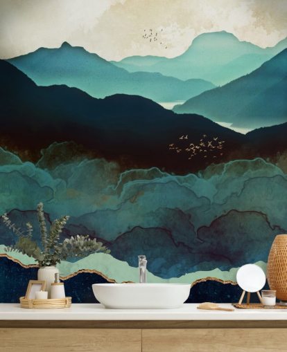 indigo og blått tilpasset tapetmaleri kalt Indigo Mountains av SpaceFrog Designs for stuer