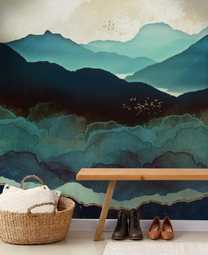 indigo og blått tilpasset tapetmaleri kalt Indigo Mountains av SpaceFrog Designs for stuer indigo og blått tilpasset tapetmaleri kalt Indigo Mountains av SpaceFrog Designs for stuer