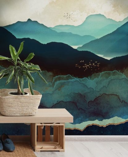 indigo and blue custom wallpaper mural called Indigo Mountains by SpaceFrog Designs for living rooms