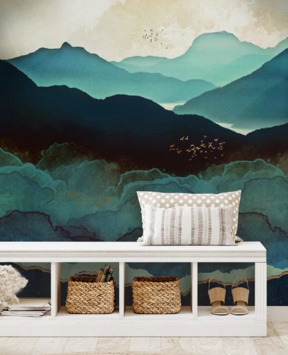 Individuelles Tapeten-Wandbild in Indigoblau und Blau namens Indigo Mountains von SpaceFrog Designs für Wohnzimmer