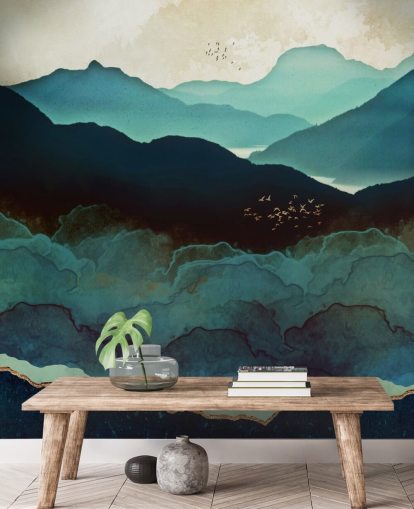 mural de papel de parede personalizado em índigo e azul chamado Indigo Mountains da SpaceFrog Designs para salas de estar