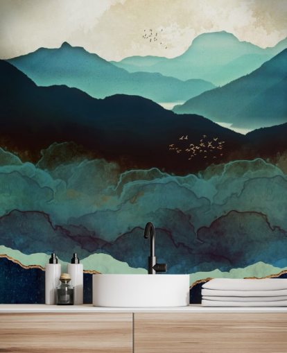 indigo og blått tilpasset tapetmaleri kalt Indigo Mountains av SpaceFrog Designs for stuer indigo og blått tilpasset tapetmaleri kalt Indigo Mountains av SpaceFrog Designs for stuer