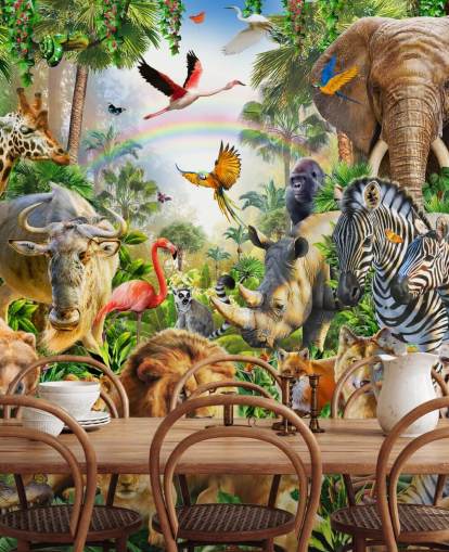 animals from all over the world in jungle wallpaper