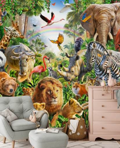 animali da tutto il mondo nella carta da parati della giungla