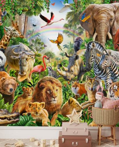 animali da tutto il mondo nella carta da parati della giungla