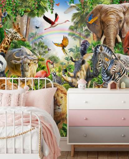 animals from all over the world in jungle wallpaper