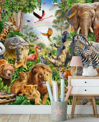 animals from all over the world in jungle wallpaper