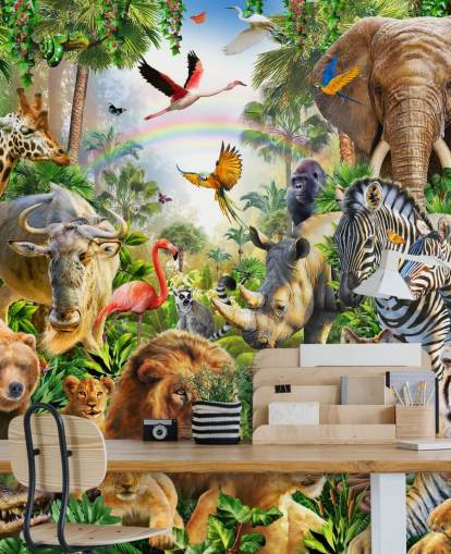 animals from all over the world in jungle wallpaper