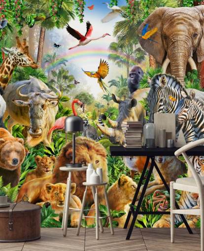 animals from all over the world in jungle wallpaper
