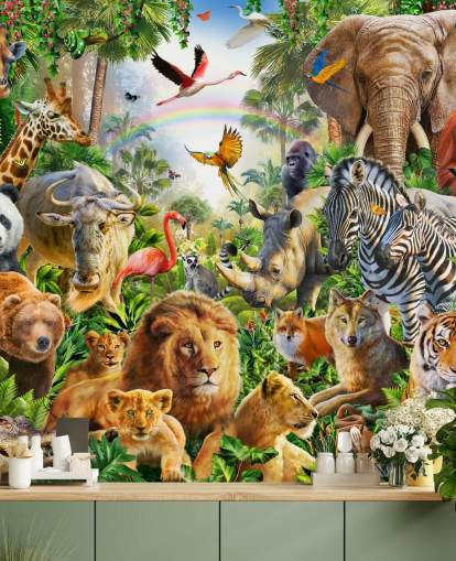 animals from all over the world in jungle wallpaper