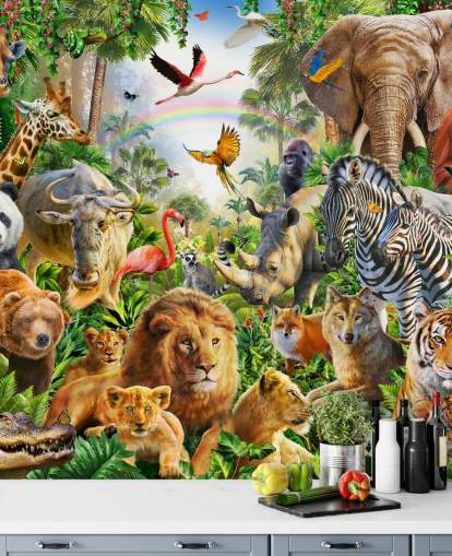 animali da tutto il mondo nella carta da parati della giungla