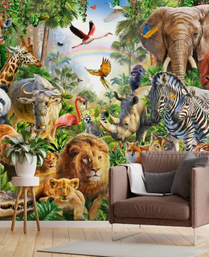 animals from all over the world in jungle wallpaper