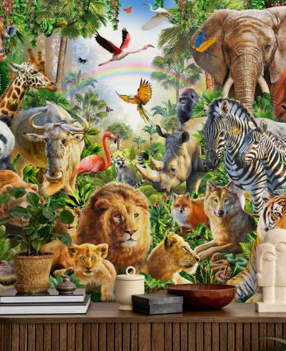 animals from all over the world in jungle wallpaper