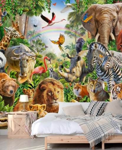 animals from all over the world in jungle wallpaper