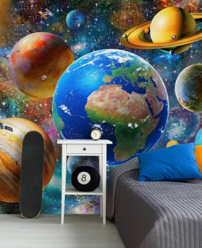 fondo de pantalla de planetas y sol agrupados