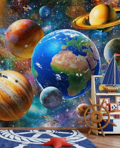 planeten en zon gegroepeerd behang