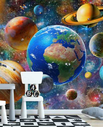 fondo de pantalla de planetas y sol agrupados