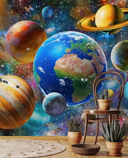 planeten en zon gegroepeerd behang