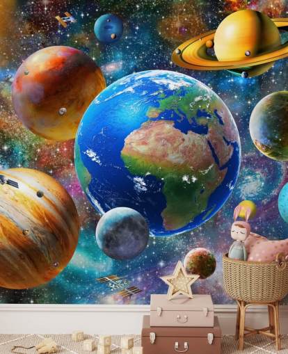 fondo de pantalla de planetas y sol agrupados