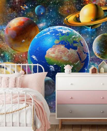 fondo de pantalla de planetas y sol agrupados