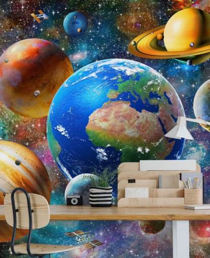 planeten en zon gegroepeerd behang