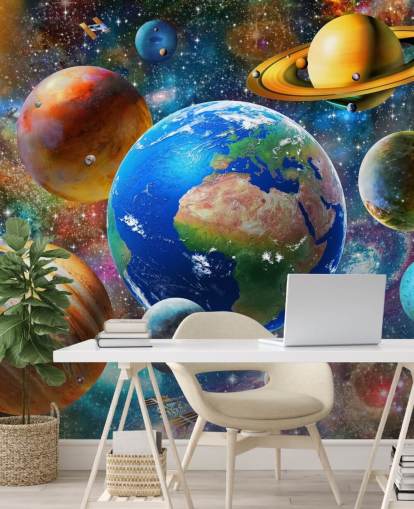 fondo de pantalla de planetas y sol agrupados