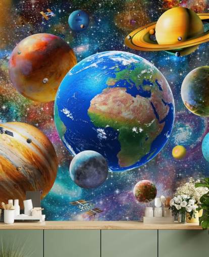 fondo de pantalla de planetas y sol agrupados