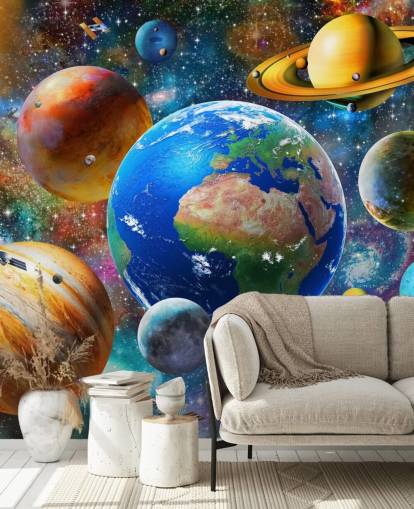 fondo de pantalla de planetas y sol agrupados