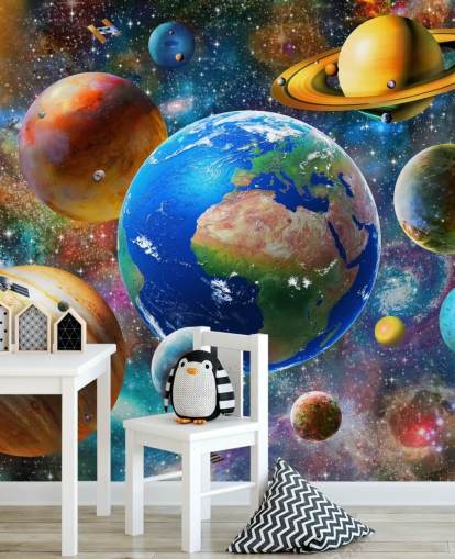 planeten en zon gegroepeerd behang