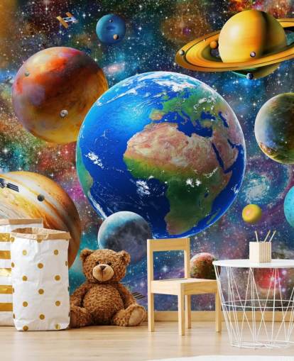 planeten en zon gegroepeerd behang