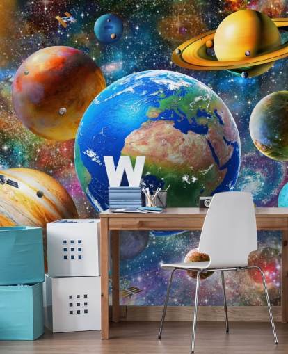 fondo de pantalla de planetas y sol agrupados