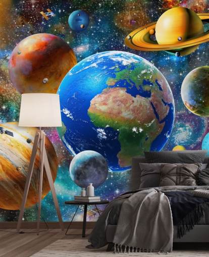 fondo de pantalla de planetas y sol agrupados