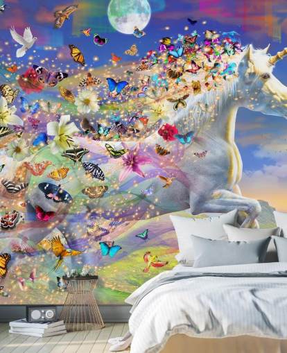 running unicorn with butterfly and bird mane wallpaper