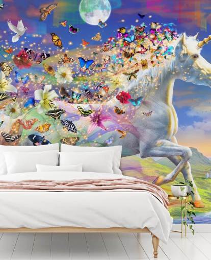 running unicorn with butterfly and bird mane wallpaper