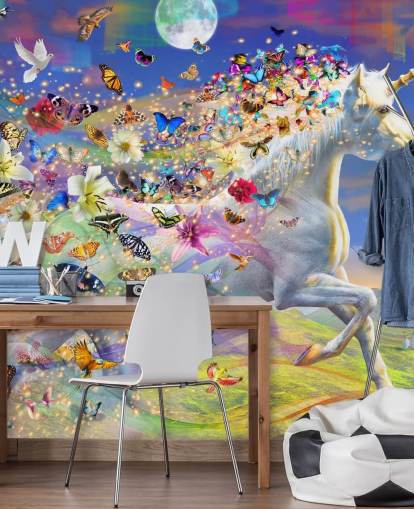 running unicorn with butterfly and bird mane wallpaper