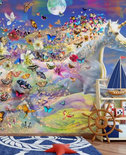 papier peint licorne qui court avec papillon et crinière d'oiseau