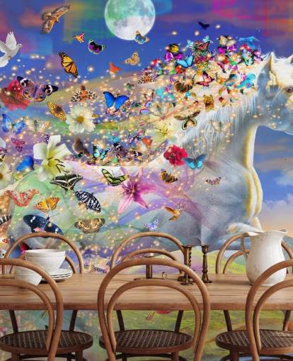 papel pintado de unicornio corriendo con melena de mariposa y pájaro papel pintado de unicornio corriendo con melena de mariposa y pájaro