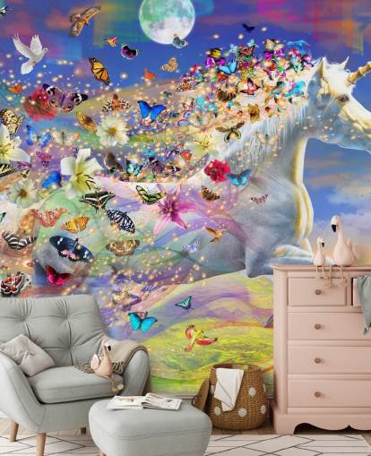running unicorn with butterfly and bird mane wallpaper