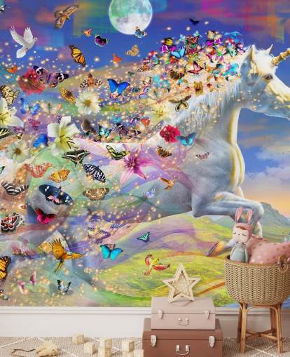 running unicorn with butterfly and bird mane wallpaper