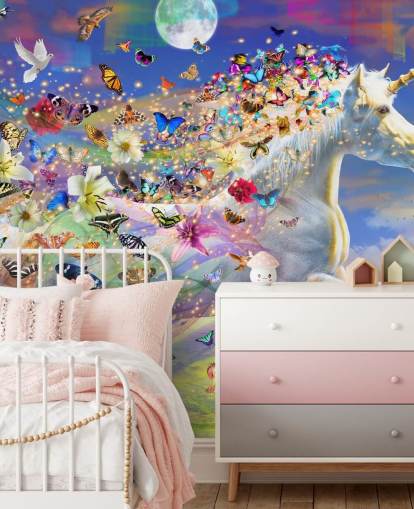 running unicorn with butterfly and bird mane wallpaper