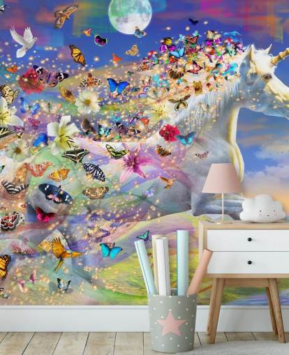 running unicorn with butterfly and bird mane wallpaper