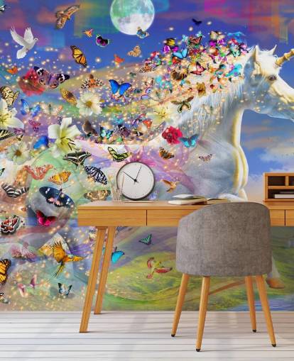 papel pintado de unicornio corriendo con melena de mariposa y pájaro papel pintado de unicornio corriendo con melena de mariposa y pájaro