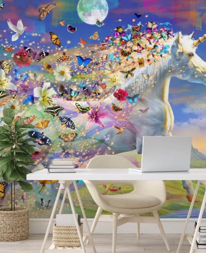 papel pintado de unicornio corriendo con melena de mariposa y pájaro
