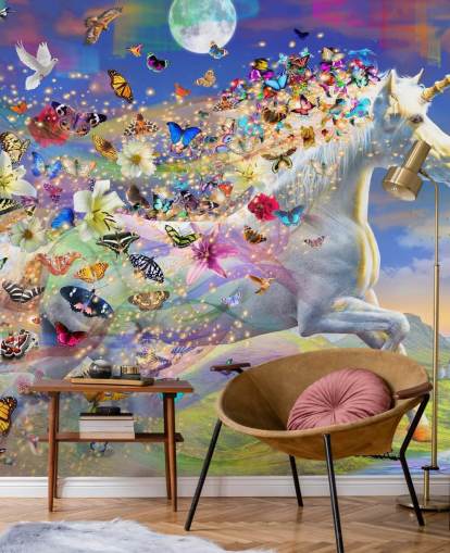 running unicorn with butterfly and bird mane wallpaper