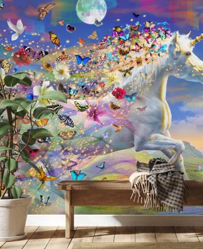 papel pintado de unicornio corriendo con melena de mariposa y pájaro