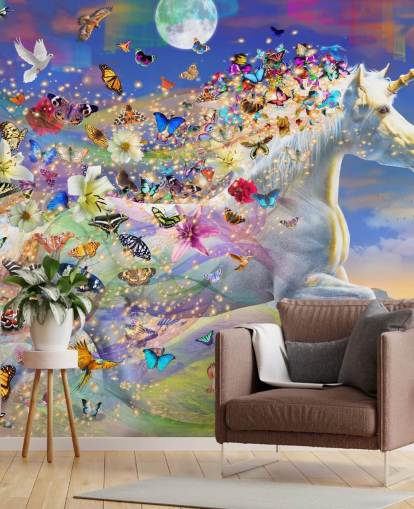 running unicorn with butterfly and bird mane wallpaper