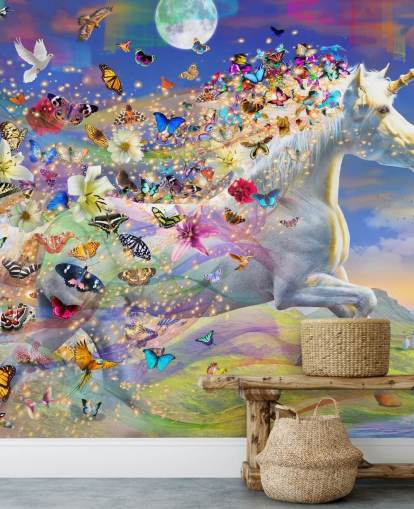 running unicorn with butterfly and bird mane wallpaper