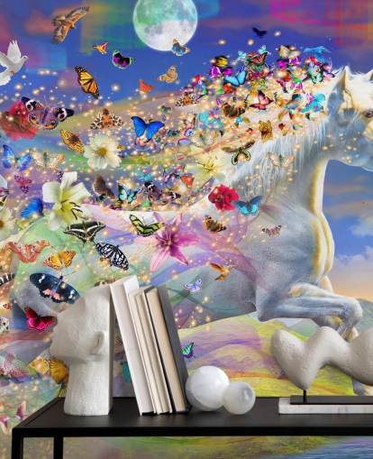 papel pintado de unicornio corriendo con melena de mariposa y pájaro