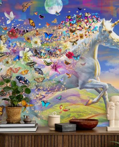 running unicorn with butterfly and bird mane wallpaper