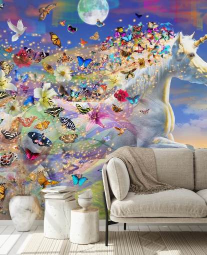running unicorn with butterfly and bird mane wallpaper